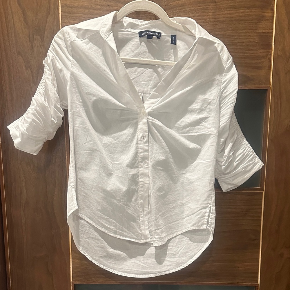 Veronica Beard White Ruched Sleeve Shirt